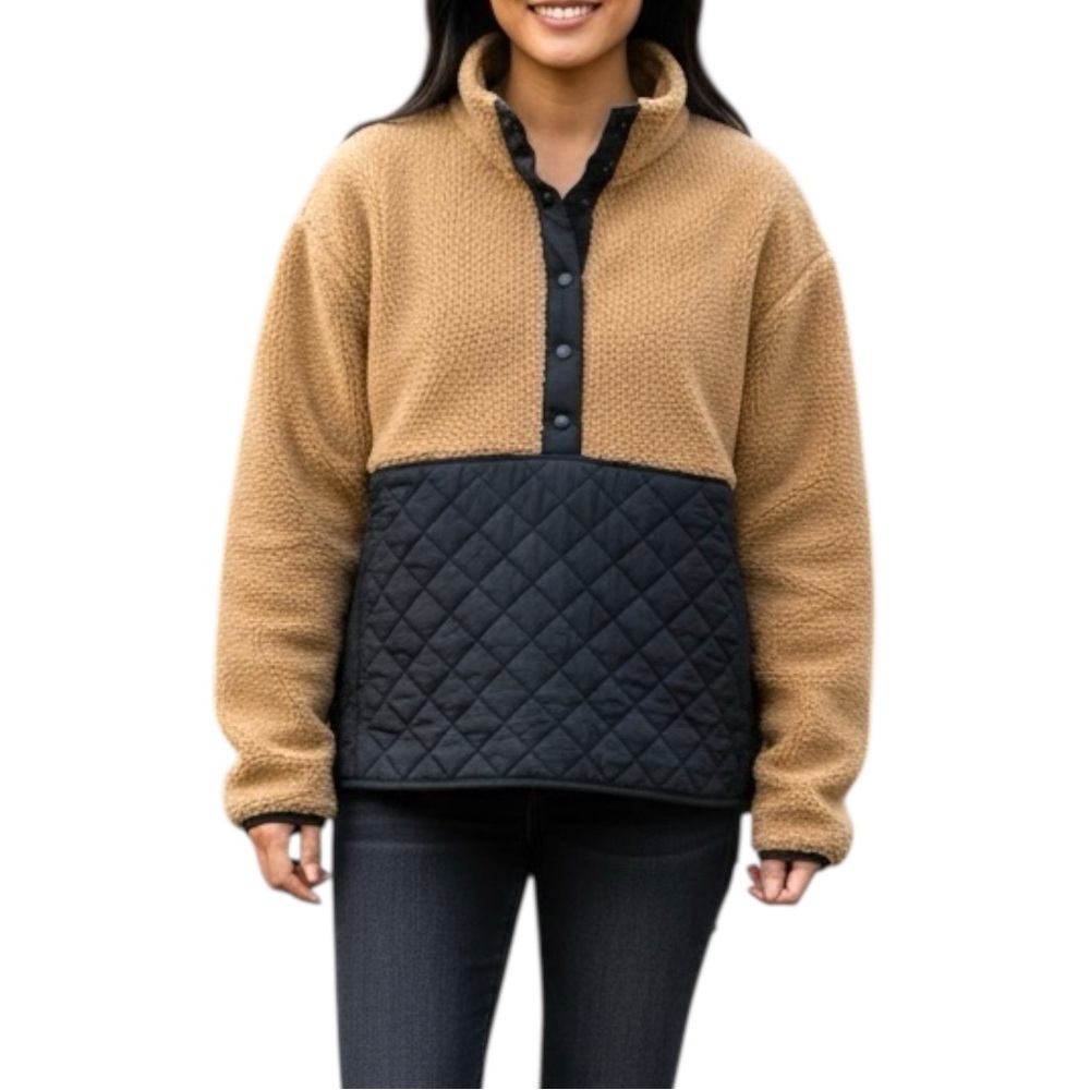 J Crew Factory Quilted Black and Tan Sherpa 1/4 Snap Neckline Pull Over Top SZL